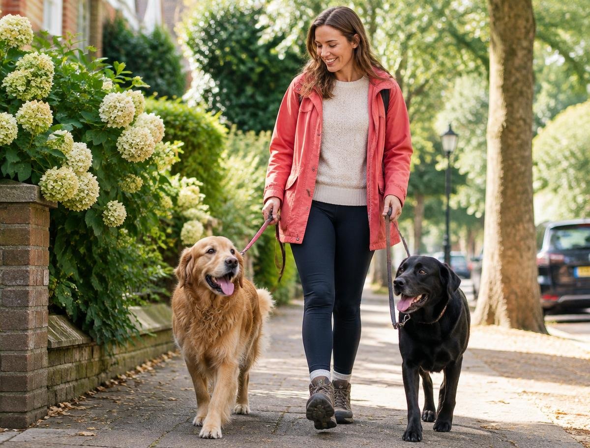 Professional dog walker with two dogs in a UK neighbourhood