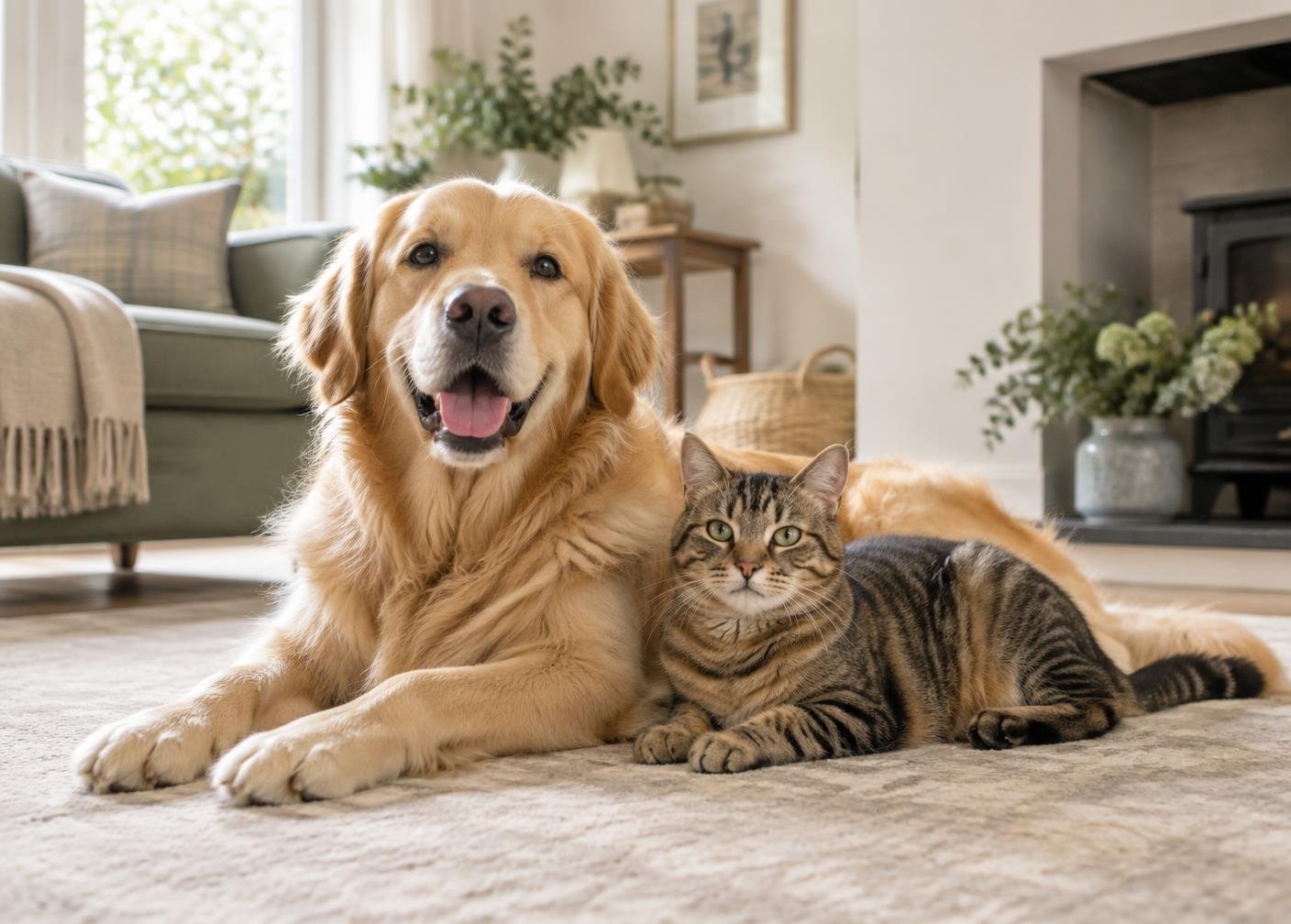 Golden retriever and tabby cat relaxing together at home